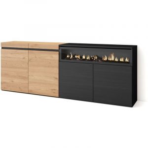 Buffet salon et cuisine, Meuble de Rangement, Commode, 200x75x35cm, 4 Portes, Chemin&eacute;e &eacute;lectrique, Style moderne, Ch&ecirc;ne et noir - Skraut Home