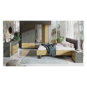 Chambre compl&eacute;te design IZO : Armoire, lit 160x200, commode, chevets, ch&ecirc;ne/gris anthracite