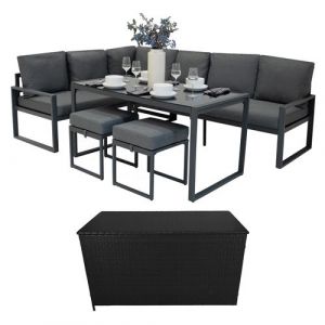 Monster shop Salon de Jardin en Aluminium Gris & Coffre de Rangement 582 L en Rotin Noir