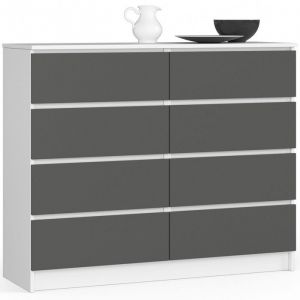 Commode Akord K120 Blanche 120 cm 8 tiroirs façade Gris Graphite 120x40x99 cm