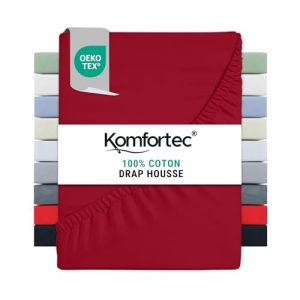 Komfortec Drap Housse Lit 140x200 cm - Jersey 100% Coton 135g/m&sup2; - Certifi&eacute; Oeko-Tex - Bonnet 30 cm - Drap Lit avec &Eacute;lastique pour Matelas &Eacute;pais - Rouge