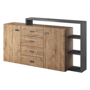 Buffet avec étagère intégrée collection BERGAME 180cm. Coloris chêne et gris.
