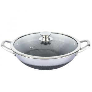 Image de Wok 36cm - CHEFFINGER - Nid d'Abeille - Inox 18/10 - Couvercle en Verre - Anti-rayures