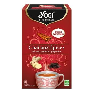 Yogi Tea Biologique Chaï aux Épices, Infusion 100 pourcent Bio au Thé Noir, Cannelle et Gingembre, 15 sachets thermosoudés et sans agrafe, 24 g, 310016
