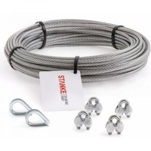 Seilwerk STANKE Câble d’acier galvanisé 20m diamètre 3mm 6x7, 8x Cosse-cèur, 16x Serre-câble è étrier - SET 3