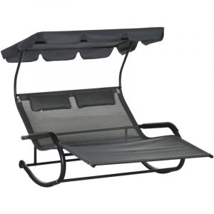 Outsunny Bain de soleil 2 places &agrave; bascule design - auvent, accoudoirs, but&eacute;es, roulettes - acier textil&egrave;ne tissu anthracite