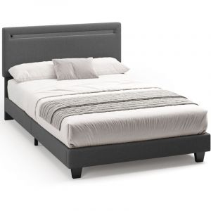 Lit Simple Capitonné 120 x 200 cm avec Tête de Lit LED Réglable Bealife Sommier à Lattes Tissu en Lin Lit Enfant Adolescent Gris Foncé