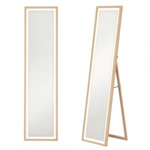 Homcom Grand miroir - éclairage LED 3 couleurs - montage mural ou sur pied - rectangulaire - verre trempé MDF - 40x160cm - chêne