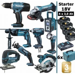 Makita Pack Starter 9 outils 18V: Perceuse DDF453 + Perfo DHR165 + Meuleuse DGA452 + Visseuse à choc DTD146 + Scie sauteuse DJV...