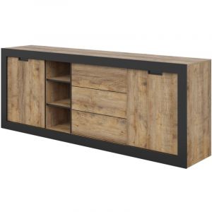Buffet meunier – 2 portes coulissantes & 3 tiroirs – Chêne Samdal & noir mat – 220×85×45 cm