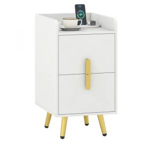 COSTWAY Table de Chevet avec 2 Tiroirs, 4 Pieds en M&eacute;tal, Style Moderne, Table de Nuit pour Chambre, Salon, Blanc