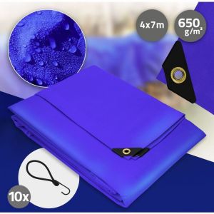 Bâche de Protection Premium avec Œillets + 10 Crochets, 4x7m 28m², 650g/m², Bleu, Tissu pvc, Indéchirable, Imperméable, Housse Polyvalente, Idéale