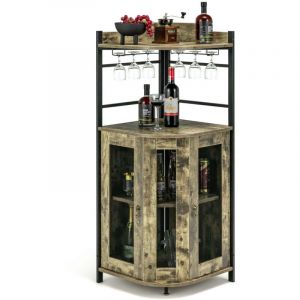 Buffet bar d'angle 46 x 46 x 130 cm armoire de rangement avec porte-verres &eacute;tag&egrave;re r&eacute;glable style vintage en bois marron