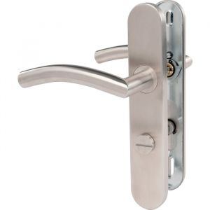 Image de Exem Poign&eacute;e de porte sur plaque inox bross&eacute; - Condamnation - Entraxe fixation 165 &agrave; 195 mm - B&eacute;quille courb&eacute;