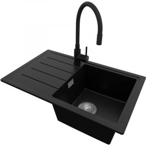 Evier Cuisine en Granit 70x44cm Lavabo 1 bac + Kit de Vidage + Robinet 5170 Copenhague Easy de Primagran Noir