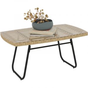 Outsunny Table d'appoint de jardin - r&eacute;sine tress&eacute;e - plateau en verre tremp&eacute; - structure en acier - 90x50x45cm - naturel