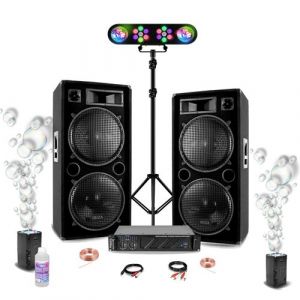 Ibiza Sound Pack Sono DJ 2 Enceintes STAR212 2x1500W - Ampli 2x800W AMP1000-MKII - 2 Machines à Bulles - Portique Lumières PAR LEDRGB