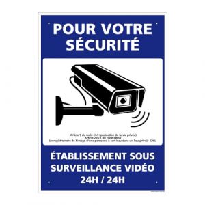 Panneau de signalisation prépercé PVC ou ALU rectangulaire + kit de fixation - Pour votre sécurité, établissement sous surveillance vidéo - ALU 2 mm