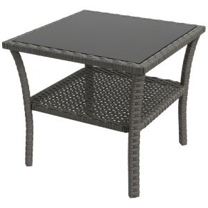 Outsunny Table d'appoint de jardin - 2 niveaux - avec plateau en verre tremp&eacute; - en acier galvanis&eacute;, r&eacute;sine tress&eacute;e - gris