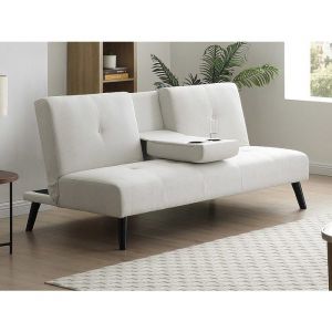 Canapé 3 places clic-clac en tissu beige avec tablette CLOSIPA