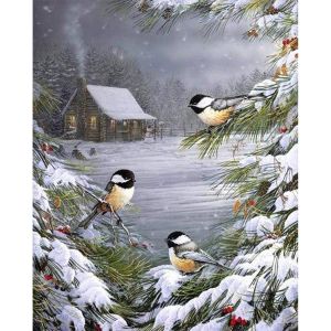 Peinture au numéro : Trois Oiseaux sous la Neige - sans châssis en bois