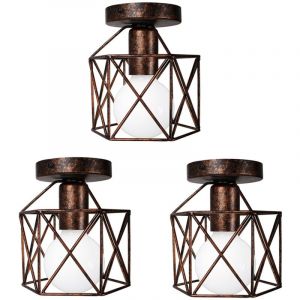 Plafonnier Industrielle Vintage Lampe de Plafond Cage en M&eacute;tal Suspension Luminaire E27 Rouille &Oslash;15CM pour Salon Chambre Caf&eacute; Bar - 3Pcs