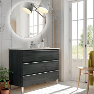 Meuble de salle de bain simple vasque - 3 tiroirs - ebony (bois noir) - palma et miroir rond Led solen - 80cm