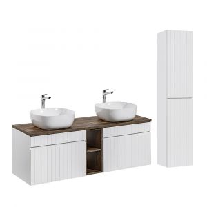 Image de SANS Ensemble meuble double vasque 140cm 2 niches et colonne Zelie Blanc et Bois