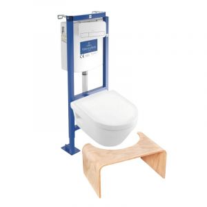 Pack WC suspendu sans bride Architectura 37 x 53 + abattant + plaque blanche + bâti + Tabouret bois