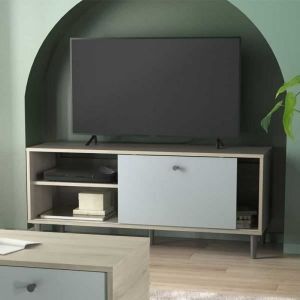 Image de Meuble tv 1 porte 2 niches Vert/Ch&ecirc;ne - tyari - Dimensions : l 110 x l 39 x h 47 cm - Bois clair