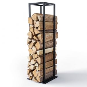 Vounot Range Bûches Vertical 33 x 33 x 112cm en Métal Porte Bûches Cheminée avec étagère Support Bois de Chauffage Stable et Compact pour Utilisation Intérieure Extérieure Noir