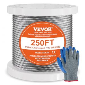 VEVOR C&acirc;ble Acier au Carbone Galvanis&eacute; au Zinc, 6,35 mm x 76,2 m, C&acirc;ble M&eacute;tallique Tress&eacute; 7x19 Qualit&eacute; A&eacute;ronautique Marine avec Gants, R&eacute;sistance de Rupture 31,1 kN, pour Garde-corps, Cl&ocirc;ture, Rampe