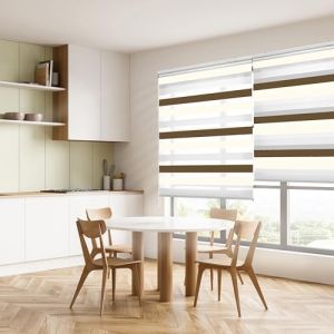 Blindecor Lira Store enrouleur jour nuit tissu double, tricolore Marron, Crème, Blanc, 100 x 180 cm (largeur x hauteur) | Taille du tissu 97 x 175 cm. Stores tissu double élégants