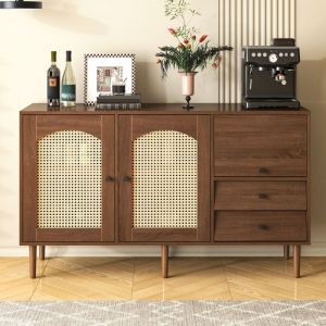Buffet, avec portes en rotin - 130 x 75,5 x 40 cm, étagères réglables, en bois, naturelle