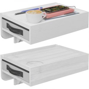 Relaxdays Table de chevet &agrave; fixer, 2 pi&egrave;ces, bambou, H x l x P : 14 x 37 x 26,5 cm, tiroir, tablette de lit, blanc
