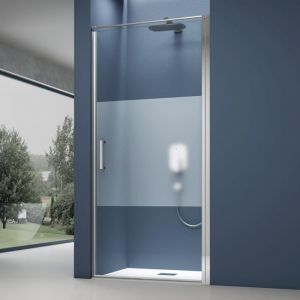 Porte de Douche Pivotante Paroi de Douche pour Niche Verre de 8mm avec Rev&ecirc;tement Anti-calaire Transparente avec Bande Opaque 100x195cm Teramo36MS