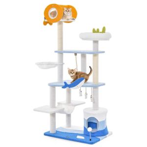Griffoir côtier Chats - Bleu - 69 x 49 x 168 cm - Plate-forme en sisal, molleton et bois | Jouets suspendus et perchoirs