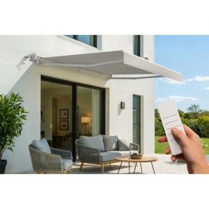 Store banne motoris&eacute; semi-coffre structure blanche FAZZIO 3m x 2,5m toile beige