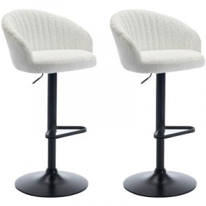 Image de Lot de 2 tabourets de bar en tissu bouclette et m&eacute;tal - Hauteur r&eacute;glable - Blanc - DORALIZ