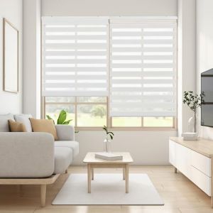 Blindecor Lira Store enrouleur jour nuit tissu double, couleur Blanc cassé, store zèbre 160 x 180 cm