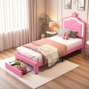 Lit Enfant - Lit Princesse Fille 90x200 - Structure M&eacute;tal - Tiroir de Rangement - LED Rose