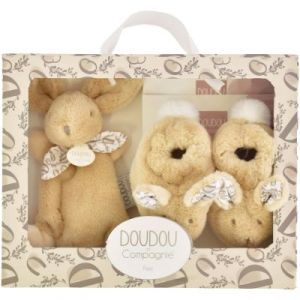 Doudou et Compagnie Coffret chaussons et doudou lapin BEIGE Doudou & Compagnie