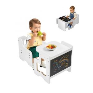 VEVOR Ensemble Table et Chaises pour Diversification Alimentaire Enfants, Mobilier pour DME en Bois avec Tableau Noir, Table de Sevrage Hauteur Réglable, pour Dessiner Lire Manger, Tout-Petits, Blanc