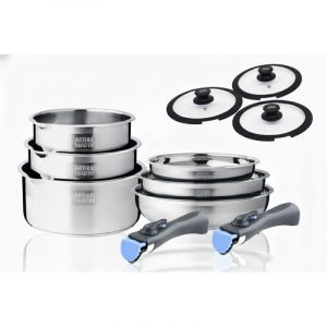 Arthur Martin Batterie De Cuisine Inox 11 Pieces Avec 2 Manches Amovibles Et 3 Couvercles En Silicone
