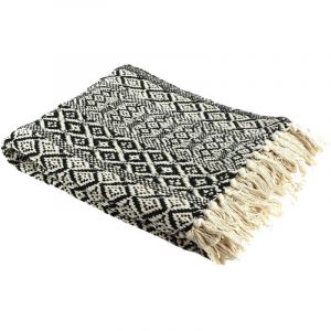 Altobuy - Plaid Jet&eacute; de Canap&eacute; 120x150cm Style Ethnique Noir et Blanc avec Franges