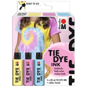 Marabu TIE Dye Ink Set Pastel, 3 x 80 ML Base d'eau, élastiques Inclus, Couleur Batik éclatante pour Textiles clairs jusqu'à 20% de Fibres synthétiques, 1730000000201
