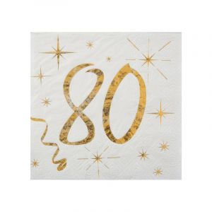 Santex 20 Serviettes en Papier Anniversaire - Blanc et Or - 80 ans