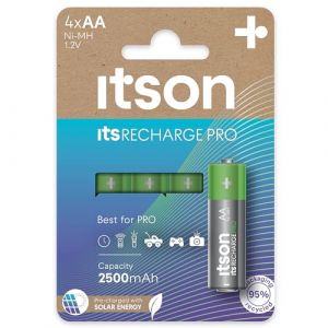 ITSON, AA piles rechargeables, PRO, lot de 4, puissantes piles rechargeables, capacité Min. 2500 mAh, pré-chargées, emballage à 95% de matériaux recyclés, made in Japan