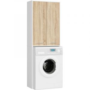 Mueble pour machine à laver Blanche 64 cm 2 portes façade Chêne Sonoma 4 étagères 64x30x180 cm