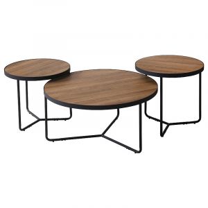 AC-Déco Lot de 3 tables d'appoint rondes en bois et métal - Marron - D 80/50/50 x H 40/45/50 cm